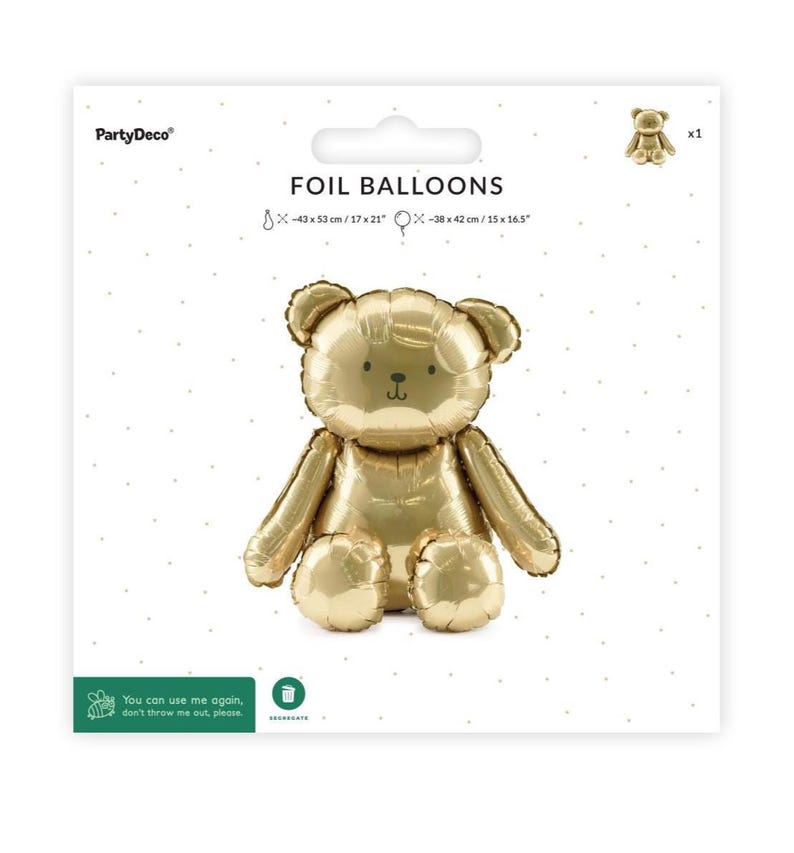 May include: A gold foil balloon in the shape of a teddy bear, packaged on a white background. The package reads "FOIL BALLOONS" and includes measurements of 17" x 21" and 15" x 16.5". The balloon is a party decoration.