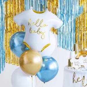 White and gold Hello Baby balloon styled with blue balloons, elegant baby shower and baby boy party decoration