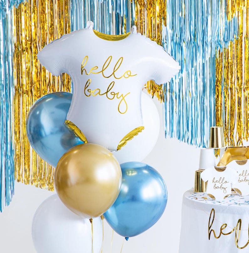 White and gold Hello Baby balloon styled with blue balloons, elegant baby shower and baby boy party decoration
