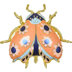 May include: A large orange and blue ladybug balloon with gold accents and floral patterns. The balloon is made of foil and has a shiny finish.
