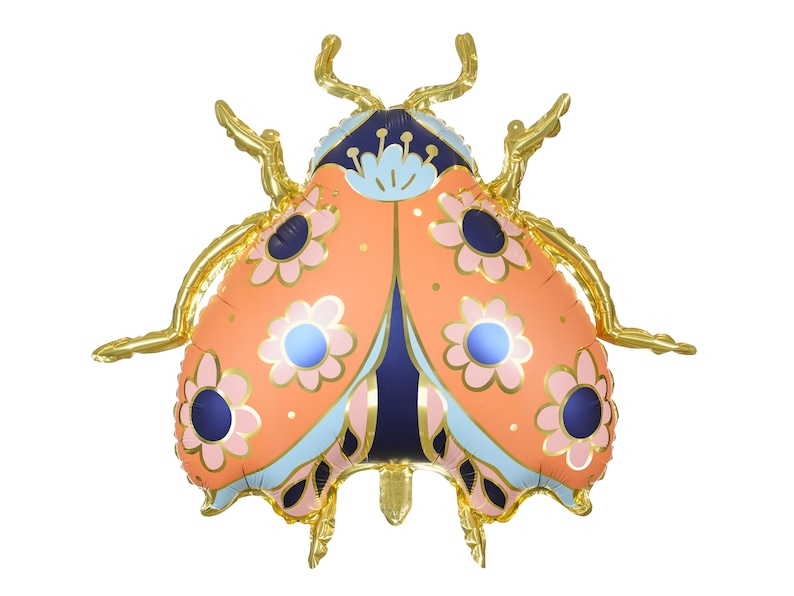 May include: A large orange and blue ladybug balloon with gold accents and floral patterns. The balloon is made of foil and has a shiny finish.