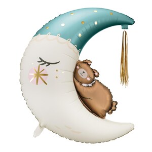 Cute crescent moon and teddy bear foil balloon – baby shower decoration, sleep-themed party balloon, teal and gold nursery decor