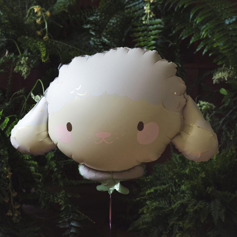 Inflated sheep foil balloon with soft pastel details, cute lamb decoration for kids birthday, farm theme or spring celebration