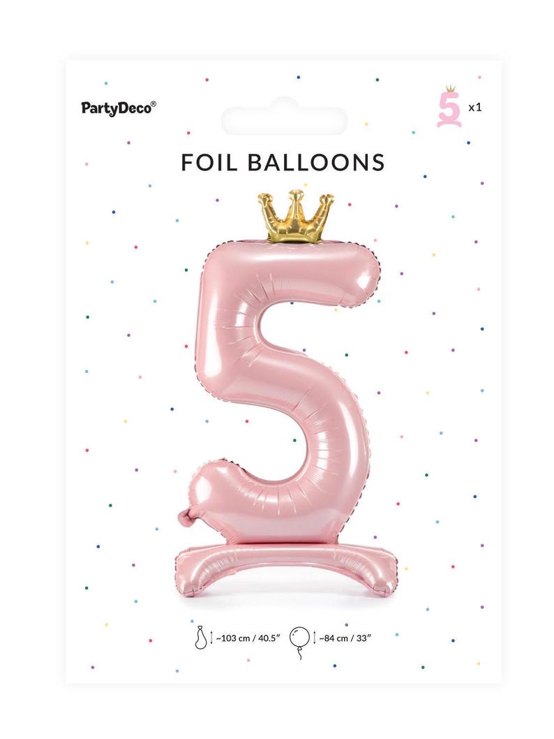 May include: Pink foil balloon shaped like the number 5 with a gold crown on top. The balloon is 40.5 inches tall and 33 inches wide.