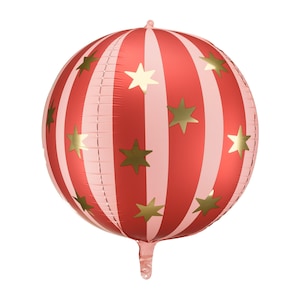 K&ouml;nnte beinhalten: Ein runder Ballon mit roten und wei&szlig;en Streifen und goldenen Sternen. Der Ballon ist aufgeblasen und hat einen Schwanz. Geeignet f&uuml;r Partys und Feiern.