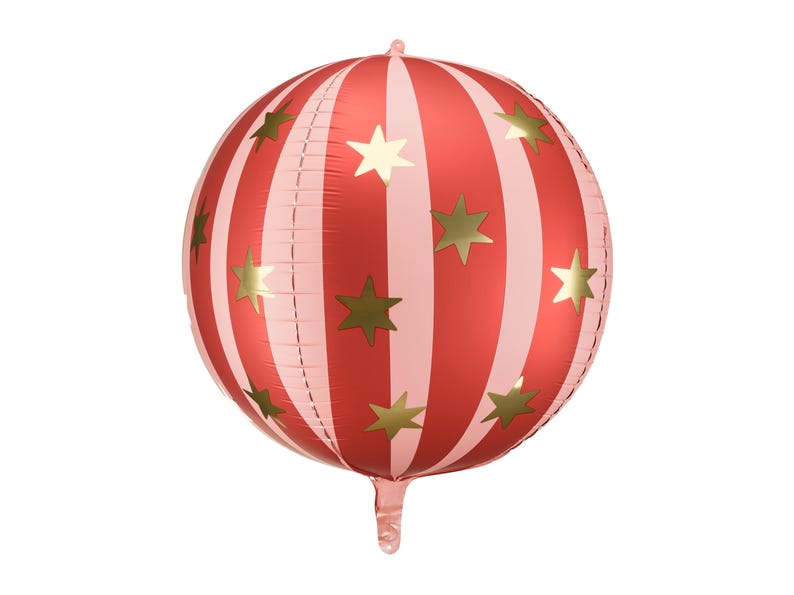 K&ouml;nnte beinhalten: Ein runder Ballon mit roten und wei&szlig;en Streifen und goldenen Sternen. Der Ballon ist aufgeblasen und hat einen Schwanz. Geeignet f&uuml;r Partys und Feiern.