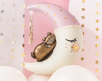 Palloncino in lamina a forma di luna con orsetto: decorazione per baby shower rosa e oro (28 x 34 pollici)