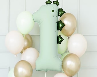 Globo de aluminio con el número 1 de dinosaurio, 91 cm (36"), decoración verde pastel para cumpleaños de niños con temática de dinosaurios.