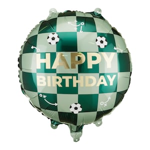 Green soccer-themed foil balloon with 'Happy Birthday' text, ideal for boys' birthday party or sports celebration décor