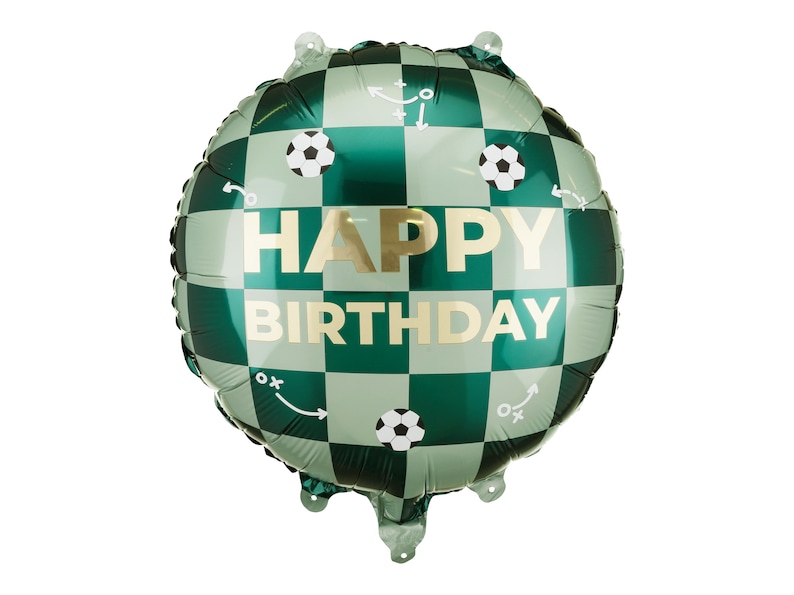 Green soccer-themed foil balloon with 'Happy Birthday' text, ideal for boys' birthday party or sports celebration décor