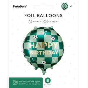 May include: A green and white foil balloon with a soccer ball design and the words "HAPPY BIRTHDAY". The balloon is approximately 18 inches (45 cm) in diameter. The packaging includes the PartyDeco logo and instructions.