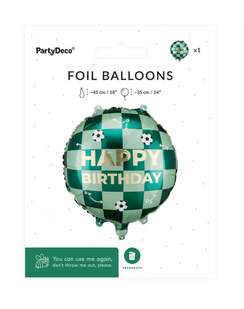 May include: A green and white foil balloon with a soccer ball design and the words "HAPPY BIRTHDAY". The balloon is approximately 18 inches (45 cm) in diameter. The packaging includes the PartyDeco logo and instructions.
