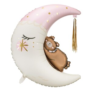 Foil balloon in shape of crescent moon with sleeping bear – baby shower or nursery party decoration in pastel pink and gold