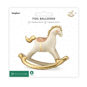 May include: A gold and white foil balloon shaped like a rocking horse. The balloon is 46.5 inches by 41 inches.