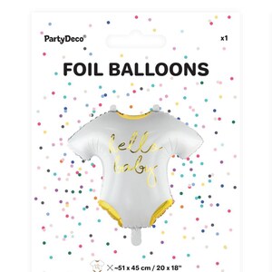 PartyDeco Hello Baby romper foil balloon in original packaging, white and gold baby shower decoration