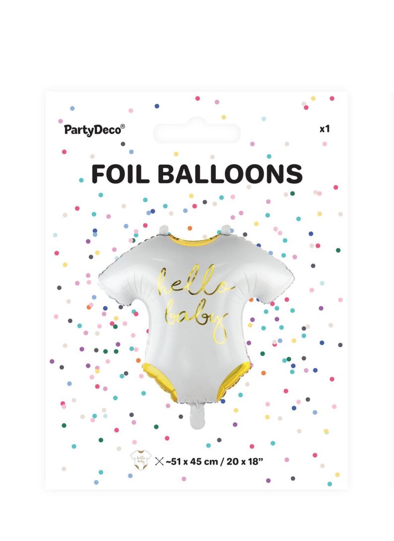 PartyDeco Hello Baby romper foil balloon in original packaging, white and gold baby shower decoration