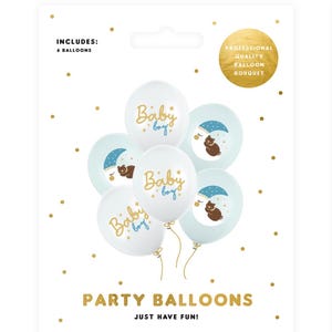 Puede incluir: Un conjunto de seis globos blancos y azules con letras doradas e ilustraciones. Los globos dicen "Baby boy" y presentan un oso durmiendo con una luna y estrellas. Los globos est&aacute;n atados juntos con una cuerda dorada. El texto "INCLUDES: 6 BALLOONS" y "PROFESSIONAL QUALITY BALLOON BOUQUET" est&aacute; impreso en el fondo blanco.