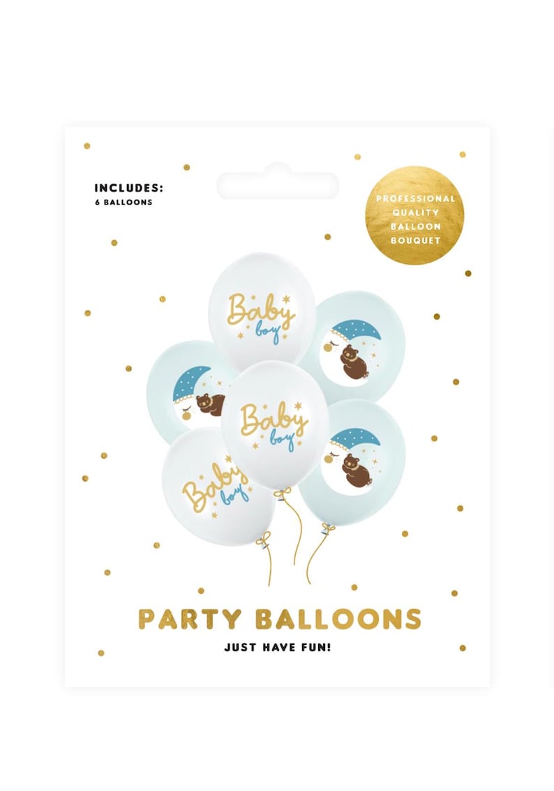 Puede incluir: Un conjunto de seis globos blancos y azules con letras doradas e ilustraciones. Los globos dicen "Baby boy" y presentan un oso durmiendo con una luna y estrellas. Los globos est&aacute;n atados juntos con una cuerda dorada. El texto "INCLUDES: 6 BALLOONS" y "PROFESSIONAL QUALITY BALLOON BOUQUET" est&aacute; impreso en el fondo blanco.
