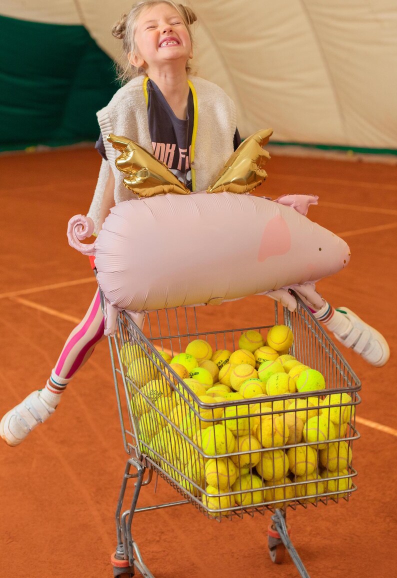 Flying pig balloon with gold wings displayed above a shopping cart, playful pink party decoration for birthdays