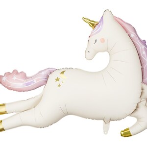 May include: A white unicorn balloon with a pink and purple mane and tail. The balloon has gold stars and a crescent moon on its side.