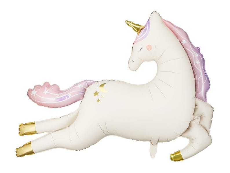 May include: A white unicorn balloon with a pink and purple mane and tail. The balloon has gold stars and a crescent moon on its side.