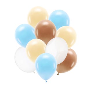 Neutral party balloon set in blue, brown, beige, and white – 12 inch latex set of 10 balloons for rustic baby shower, boy birthday, or boho decor.