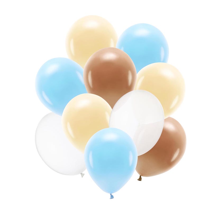 Neutral party balloon set in blue, brown, beige, and white – 12 inch latex set of 10 balloons for rustic baby shower, boy birthday, or boho decor.
