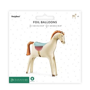 Puede incluir: Globo de aluminio con forma de caballo de color crema, con crin y cola marrones, y una silla de montar azul y roja. El globo est&aacute; empaquetado con el texto "FOIL BALLOONS" y mide aproximadamente 86,5 x 73 cm.