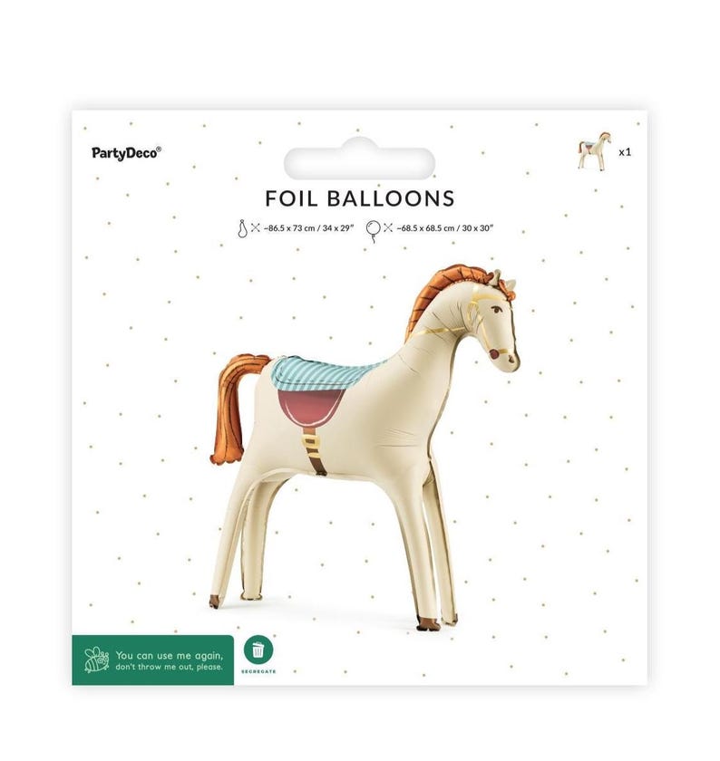 Puede incluir: Globo de aluminio con forma de caballo de color crema, con crin y cola marrones, y una silla de montar azul y roja. El globo est&aacute; empaquetado con el texto "FOIL BALLOONS" y mide aproximadamente 86,5 x 73 cm.