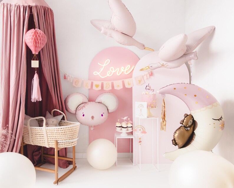 Pu&ograve; includere: Decorazioni per baby shower rosa e oro con un palloncino rosa e bianco a forma di cicogna, un palloncino rosa e bianco a forma di luna, un palloncino rosa e bianco a forma di topo, una lanterna di carta rosa e bianca e uno striscione rosa e bianco che dice "Oh Baby".