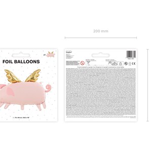 Flying pig foil balloon product details, inflated size approx. 72 x 46 cm or 28.5 x 18 inches, air or helium fill