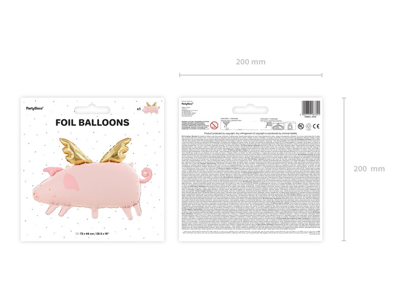 Flying pig foil balloon product details, inflated size approx. 72 x 46 cm or 28.5 x 18 inches, air or helium fill
