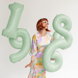 Pu&ograve; includere: Una persona con un vestito floreale e occhiali da sole tiene in mano due grandi palloncini numerati in lamina verde chiaro che compongono la scritta "18".