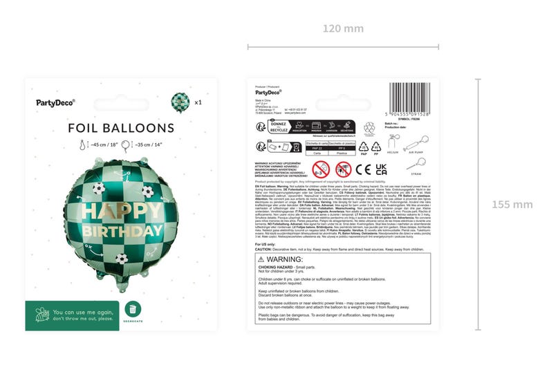 May include: A foil balloon with a green and white checkered pattern, featuring the text "HAPPY BIRTHDAY" and soccer ball graphics. The balloon is approximately 18 inches (45 cm) in diameter. The packaging is 120 mm wide and 155 mm tall.