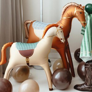 Realistic brown horse foil balloon with saddle design for horse themed birthdays and western parties