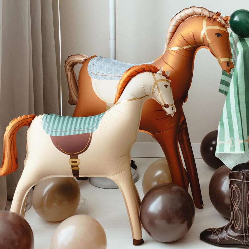 Realistic brown horse foil balloon with saddle design for horse themed birthdays and western parties