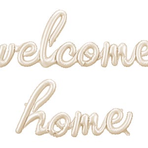 Gold foil balloon letters spelling 'welcome home' – elegant script font party decoration for housewarming, military return, or baby arrival celebrations