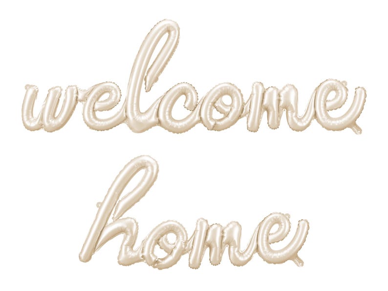 Gold foil balloon letters spelling 'welcome home' – elegant script font party decoration for housewarming, military return, or baby arrival celebrations
