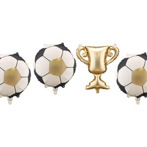 Set of football and trophy foil balloons, black and white soccer ball mylar balloons with gold center, golden cup balloon, sports themed birthday party decoration, kids soccer party supplies