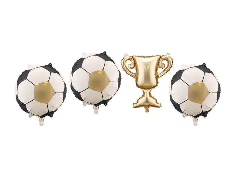 Set of football and trophy foil balloons, black and white soccer ball mylar balloons with gold center, golden cup balloon, sports themed birthday party decoration, kids soccer party supplies