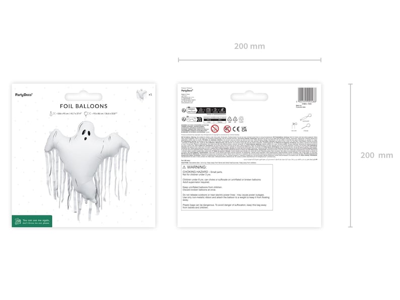 Ghost foil balloon product details, inflated size approx. 36.6 x 33.8 inches or 93 x 86 cm