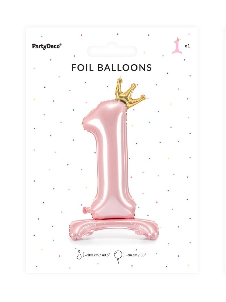 May include: Pink foil balloon shaped like the number 1 with a gold crown on top. The balloon is 40.5 inches tall and 33 inches wide.