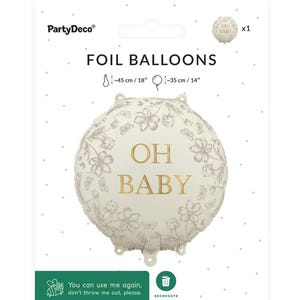 Puede incluir: Globo de aluminio para baby shower, con dise&ntilde;o floral y la frase "OH BABY" en dorado. El globo mide aproximadamente 45 cm de di&aacute;metro y viene con un globo m&aacute;s peque&ntilde;o a juego. El embalaje incluye un mensaje de reciclaje.