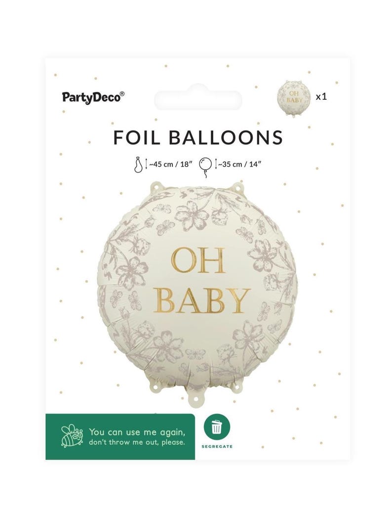 Puede incluir: Globo de aluminio para baby shower, con dise&ntilde;o floral y la frase "OH BABY" en dorado. El globo mide aproximadamente 45 cm de di&aacute;metro y viene con un globo m&aacute;s peque&ntilde;o a juego. El embalaje incluye un mensaje de reciclaje.