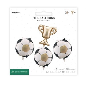 May include: A package of foil balloons for garlands. The set includes three soccer ball balloons and one gold trophy balloon. The soccer ball balloons measure approximately 17.3 inches in diameter, and the trophy is 13.4 inches tall.