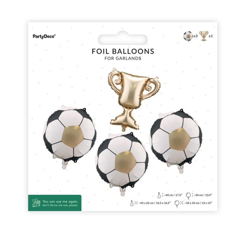 May include: A package of foil balloons for garlands. The set includes three soccer ball balloons and one gold trophy balloon. The soccer ball balloons measure approximately 17.3 inches in diameter, and the trophy is 13.4 inches tall.