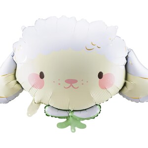 Cute sheep shaped foil balloon with fluffy white head, sweet face and pastel details, approx. 26 x 15.5 inches inflated