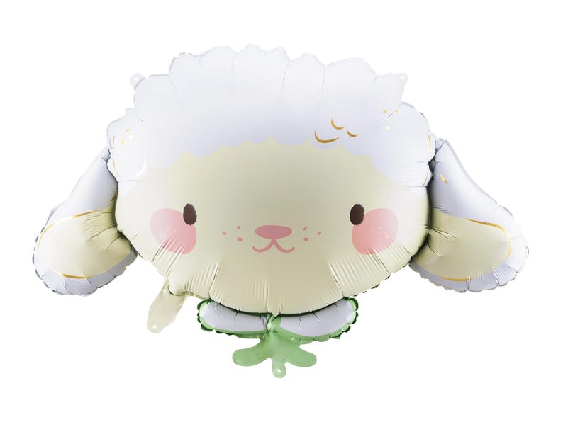 Cute sheep shaped foil balloon with fluffy white head, sweet face and pastel details, approx. 26 x 15.5 inches inflated