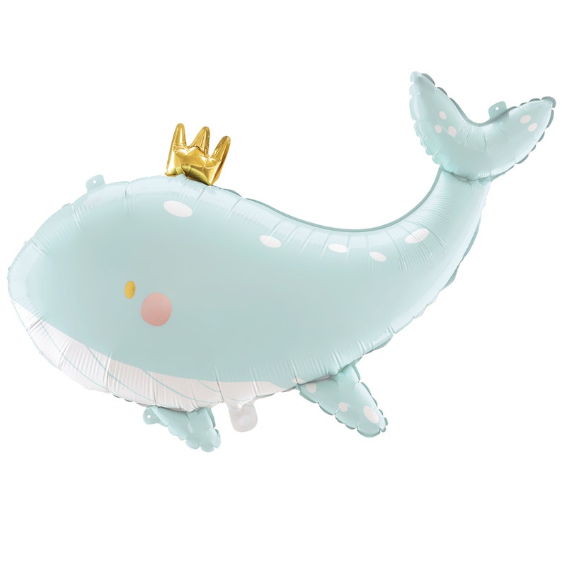Cute blue whale foil balloon with gold crown – ocean animal helium balloon for baby shower, birthday party, or nautical-themed kids décor