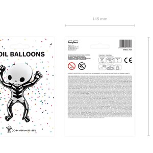 PartyDeco foil skeleton balloon in retail packaging, 84 x 100 cm (33 x 39 inches), black and white cartoon skeleton design, perfect for Halloween party decor